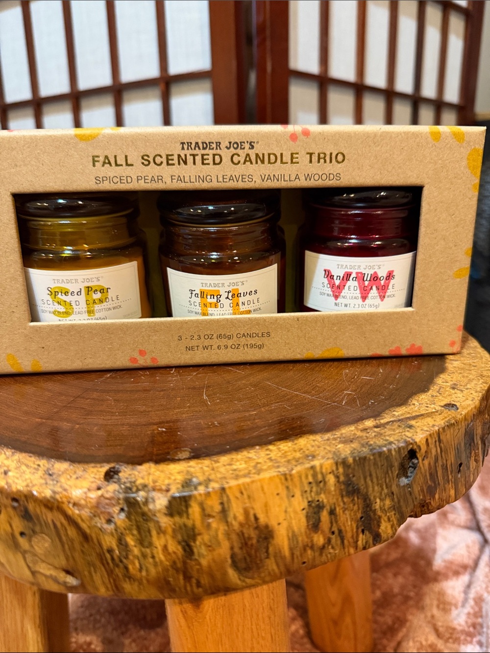 Trader Joe's Fall Scented Candle Trio NEW 2026 Pear Fall Leaves Vanilla Woods